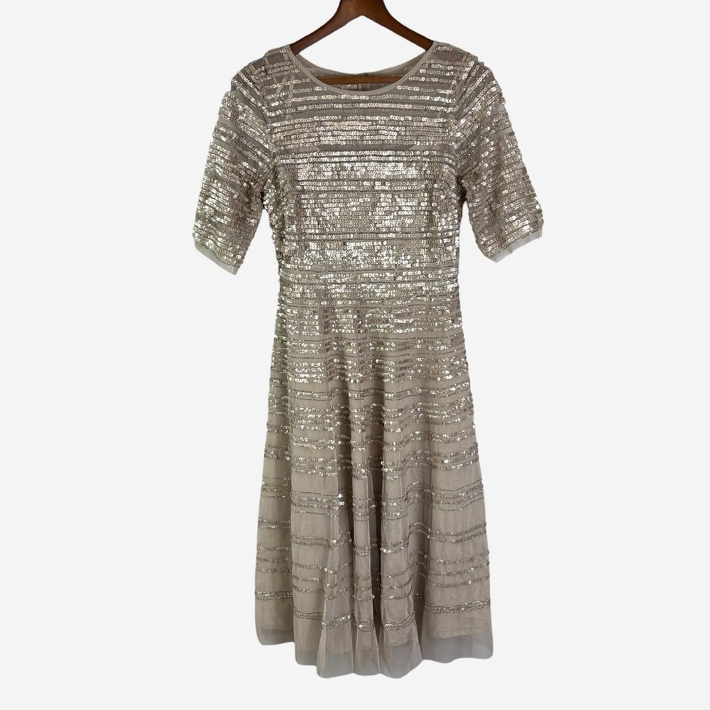 NWT Johnny Was Champagne Beaded Mesh Dress Size 4 Cocktail Party Evening Event